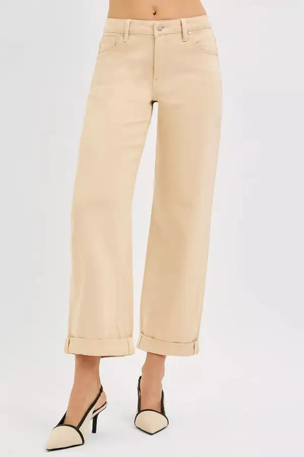 Classic Mid Rise Cuffed Hem Wide Leg Jeans