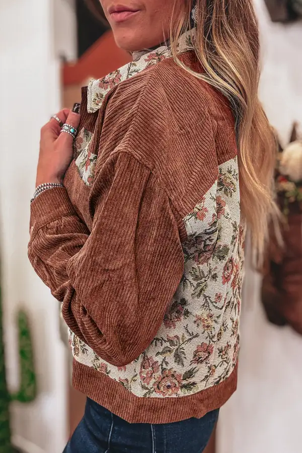 Clay Ribbed Retro Floral Patchwork Shirt Jacket