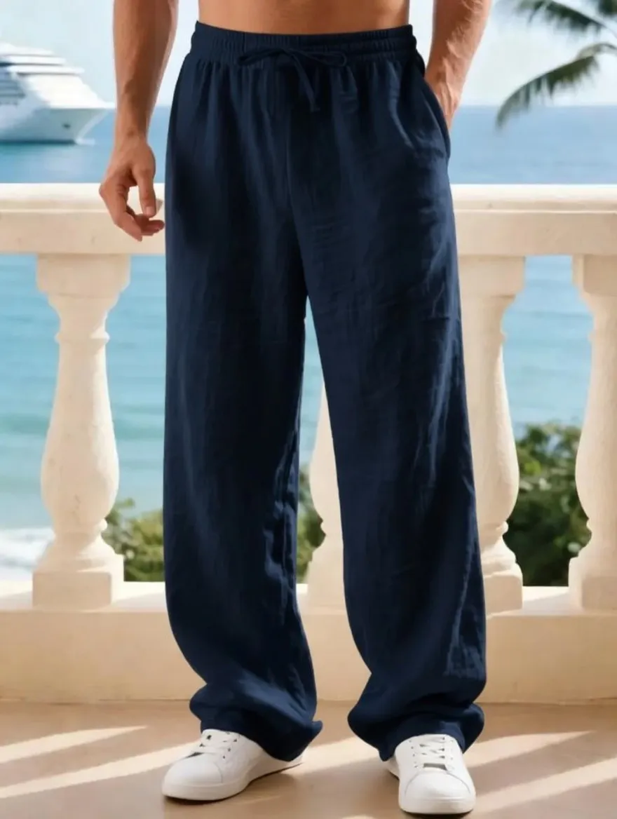 Men's classic linen casual straight-leg pants, breathable, comfortable, and stylish long pants