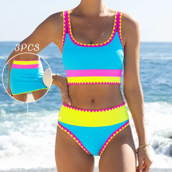 Patchwork Sports Three-Piece Bikini Set