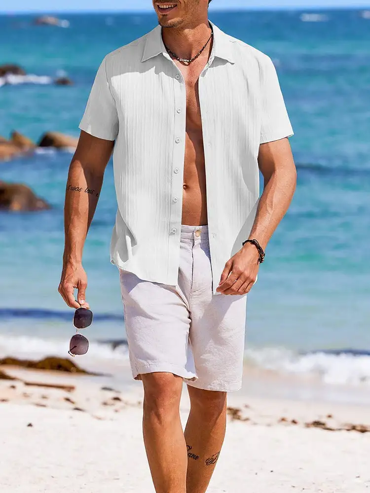 Casual Textured Summer Short Sleeve Beach Shirt