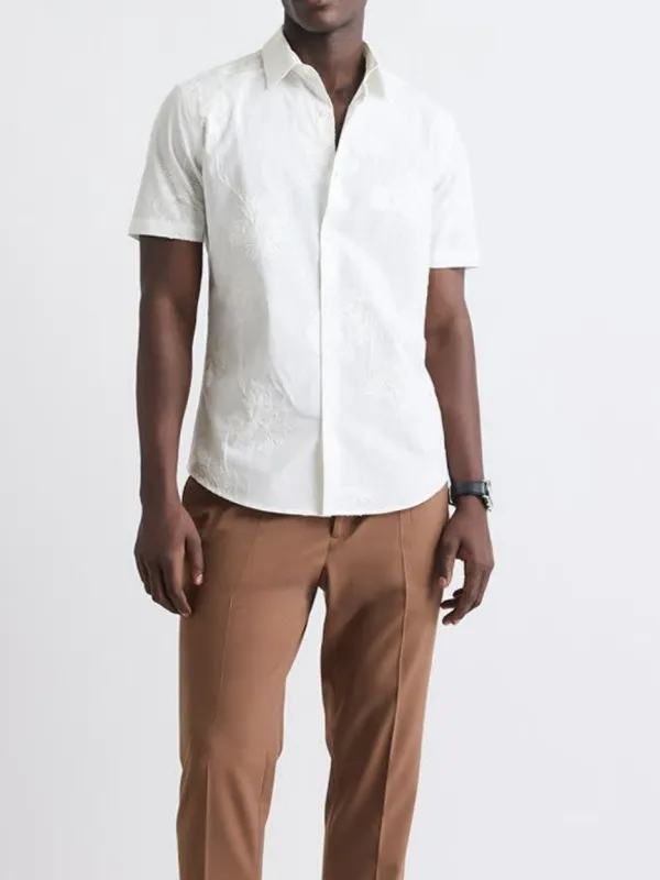 Bright white Tailored-Fit Dress Shirt with Floral Embroideries