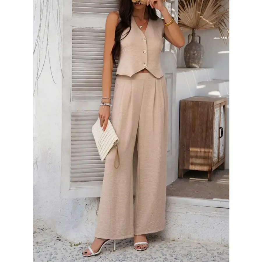 Button Down Vest and Wide Leg Pants Set