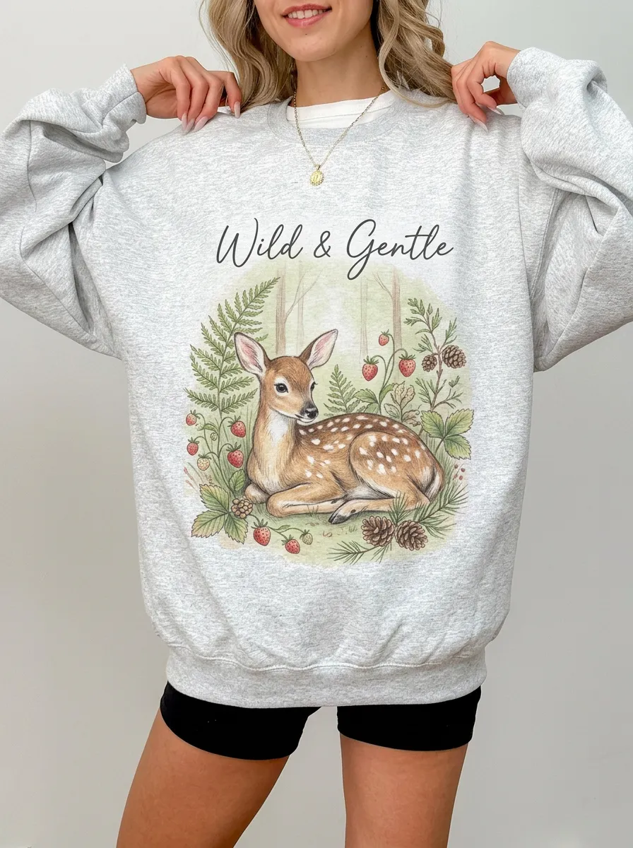 Women's Nature Lover Wild & Gentle Fawn Strawberry Printed Sweatshirt