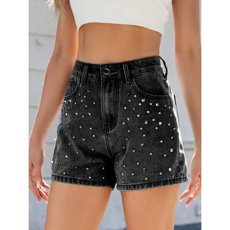 Rhinestone Washed High Waist Denim Shorts