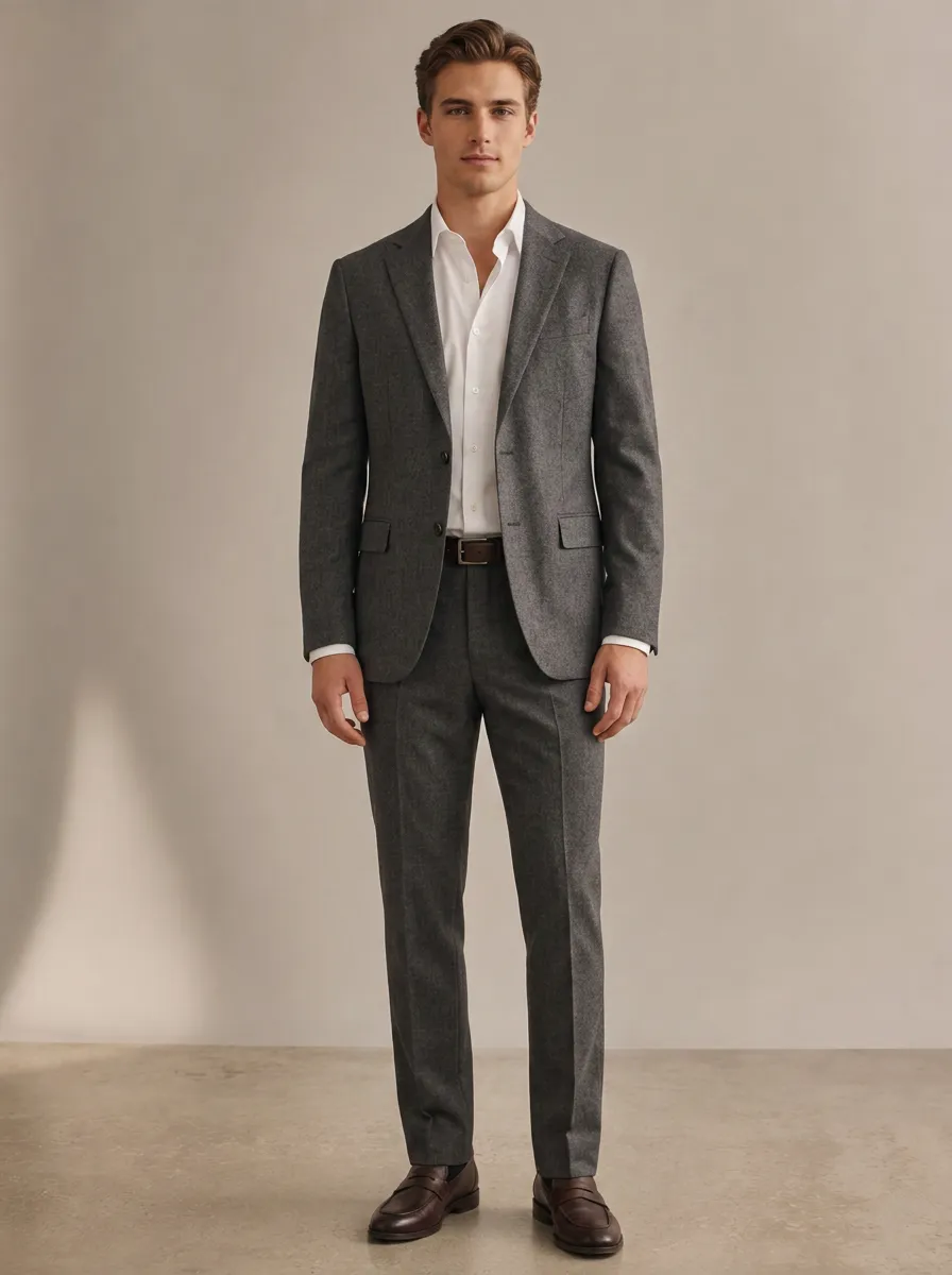 Men's Short Sleeve Business Formal Charcoal Grey Wool Blend Suit Set