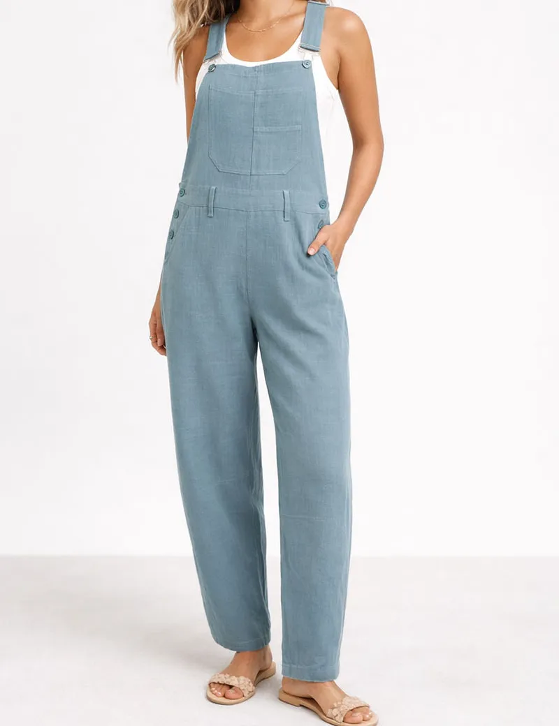 Casual Overall Solid Color Barrel Leg Denim Jumpsuit