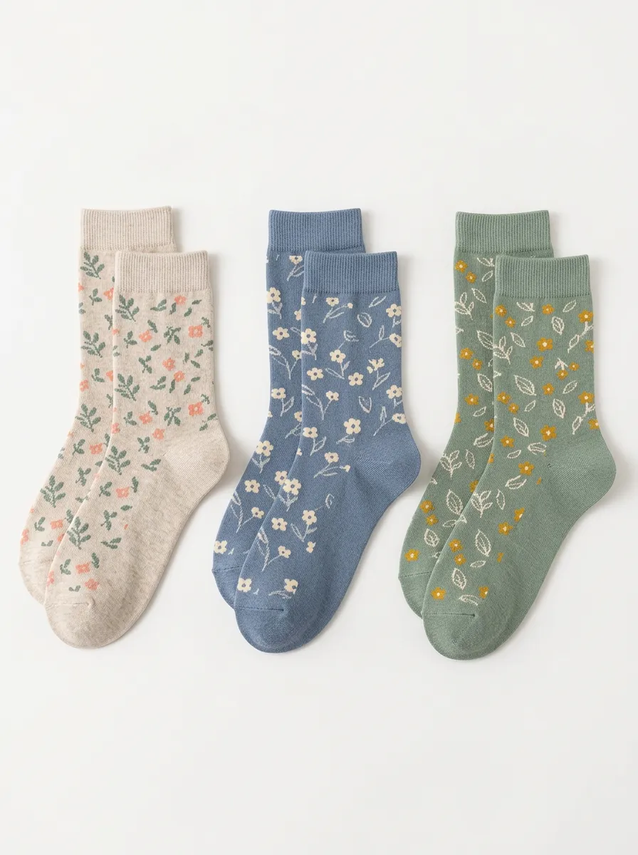 Women's Floral Leaf Ribbed Crew Socks Three Pair Set