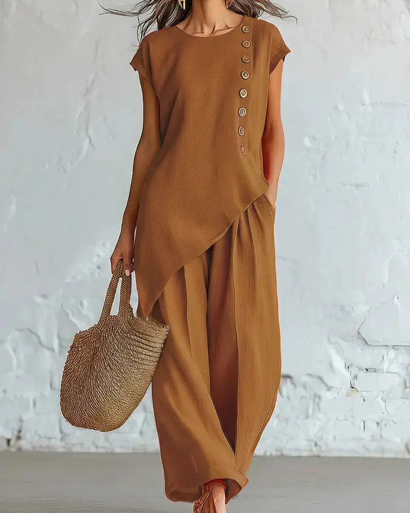 Asymmetrical Button Top and Wide-Leg Pants Lounge Set