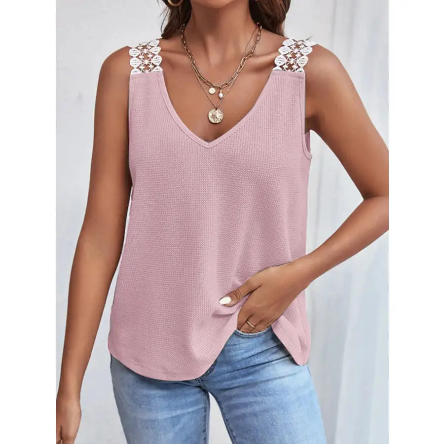 Lace Detail Waffle Knit V Neck Tank