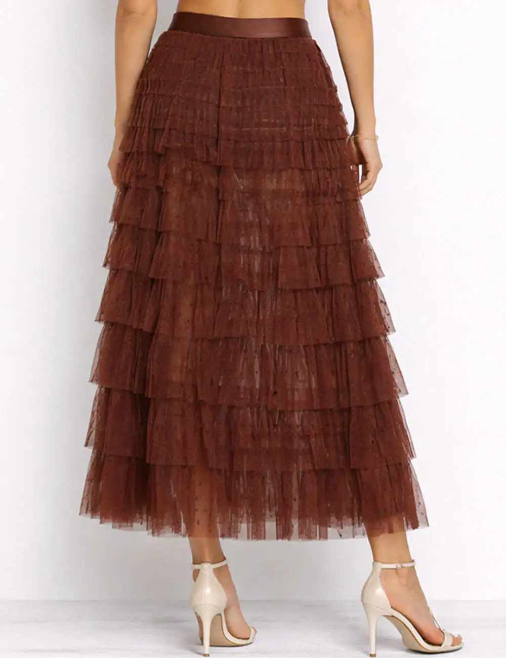 Chic Polka Dot Tiered Ruffle Elastic Waist Midi Skirt