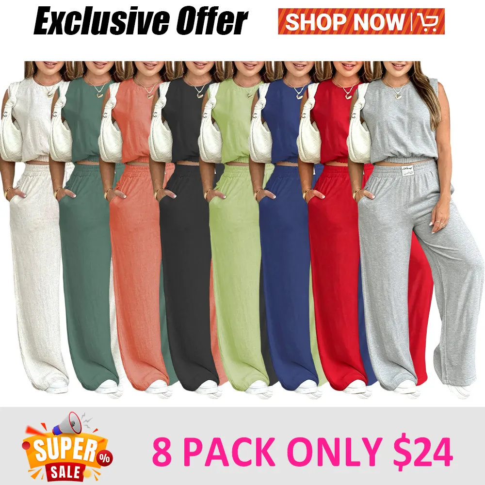 🎉Women's 2-Piece Solid Color Tank Top & Wide Leg Pants Set