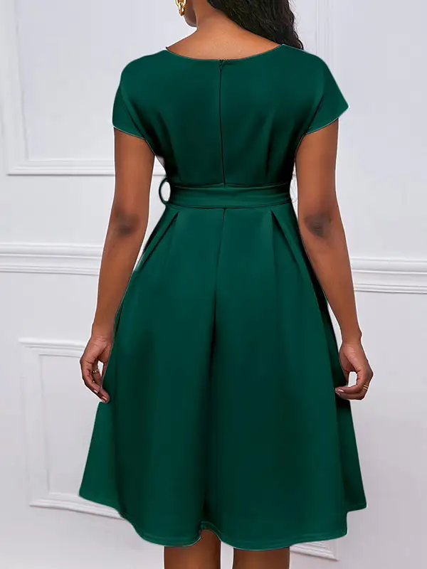Bowknot Lace Up Solid Color V Neck Midi Dress