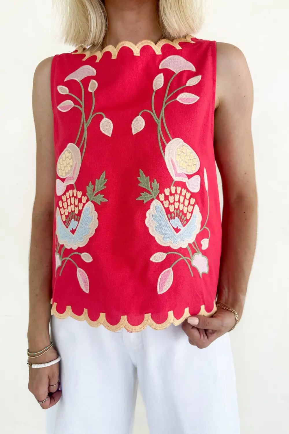 Structured Floral Embroidered Sleeveless Top