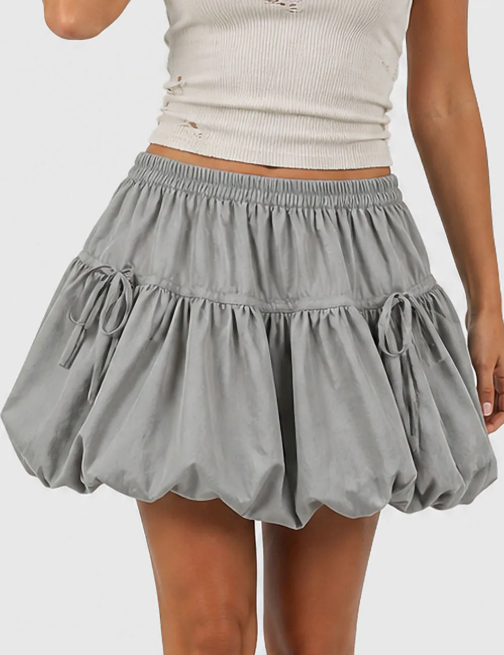 Solid Color Bubble Hem Bow Elastic Waist Mini Skirt