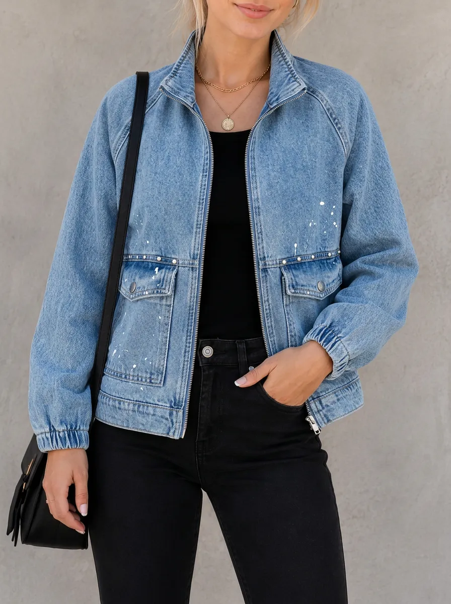 Women's Casual Streetwear Paint Splatter Studded Denim Jacket