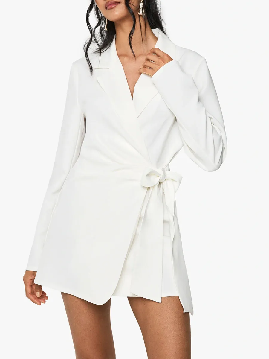 White Belted Wrap Style Blazer Dress