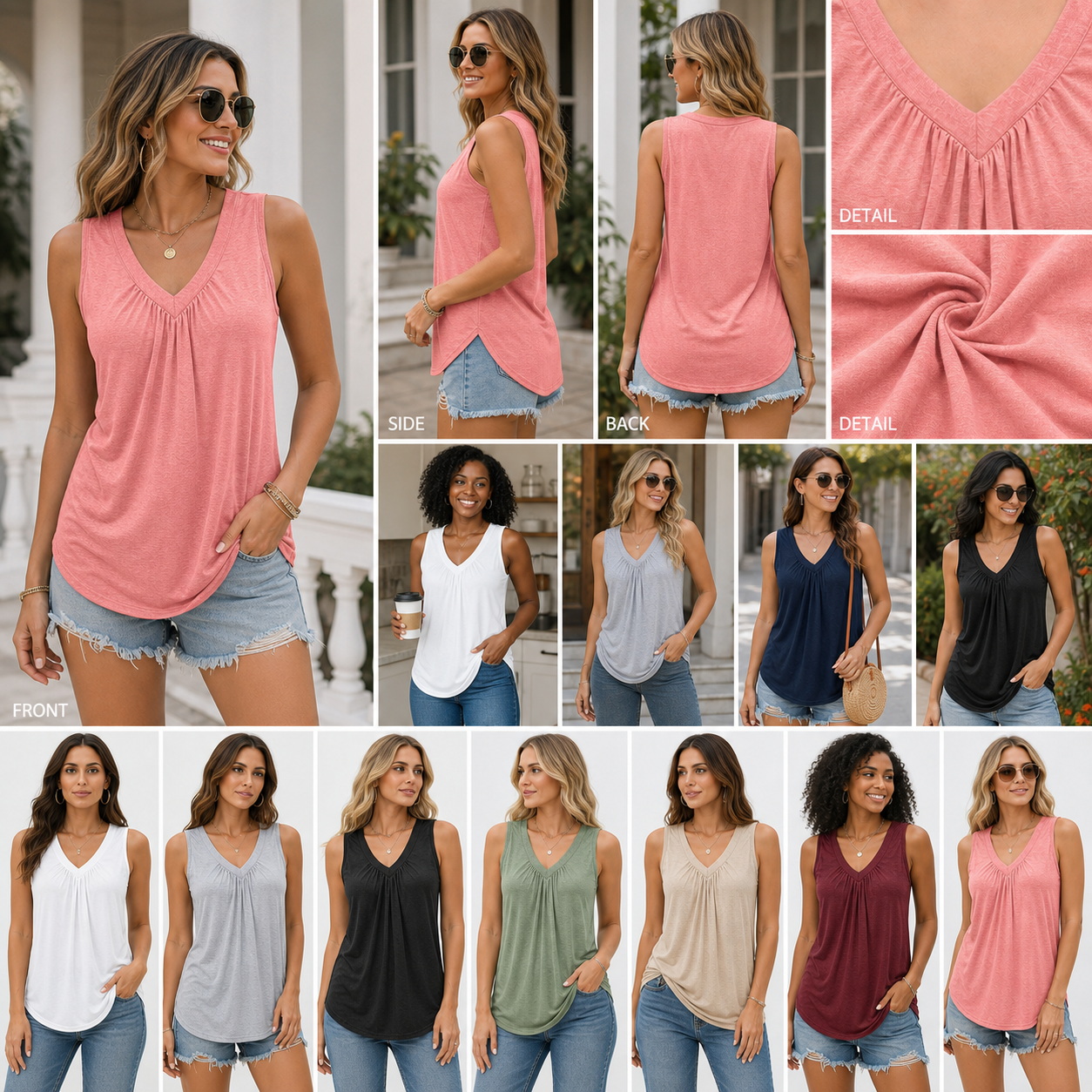 Women's V-Neck Ruched Sleeveless Tank Tops 