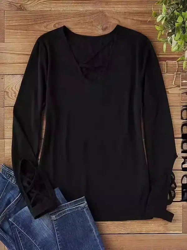 Long Sleeve Slim Fit Cutout V-Neck T-Shirt