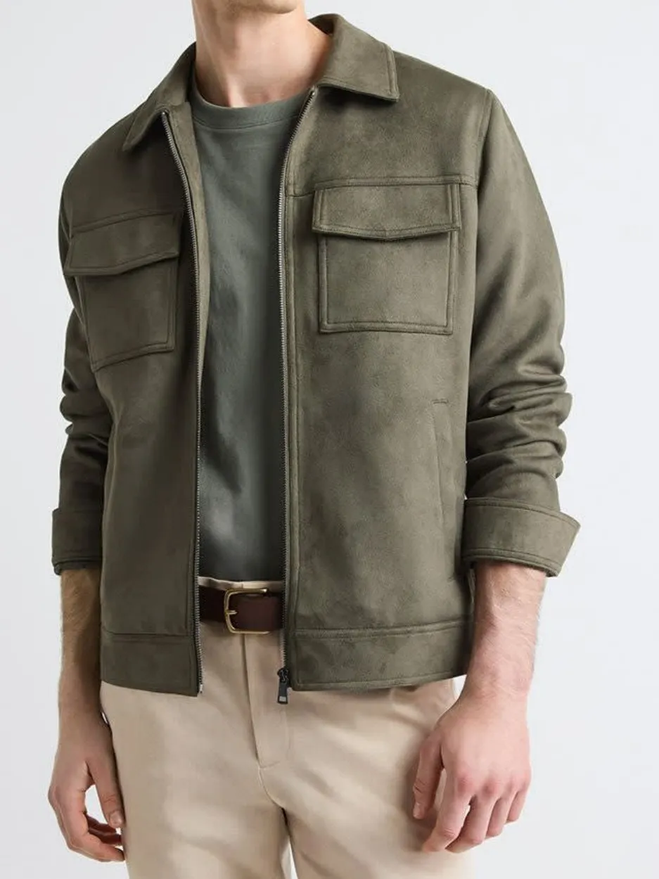 Olive Green Suede Like Utility Jacket