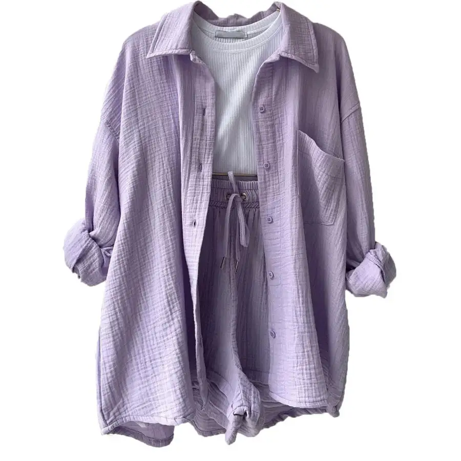 Relaxed Textured Button Up Shirt and Shorts Set