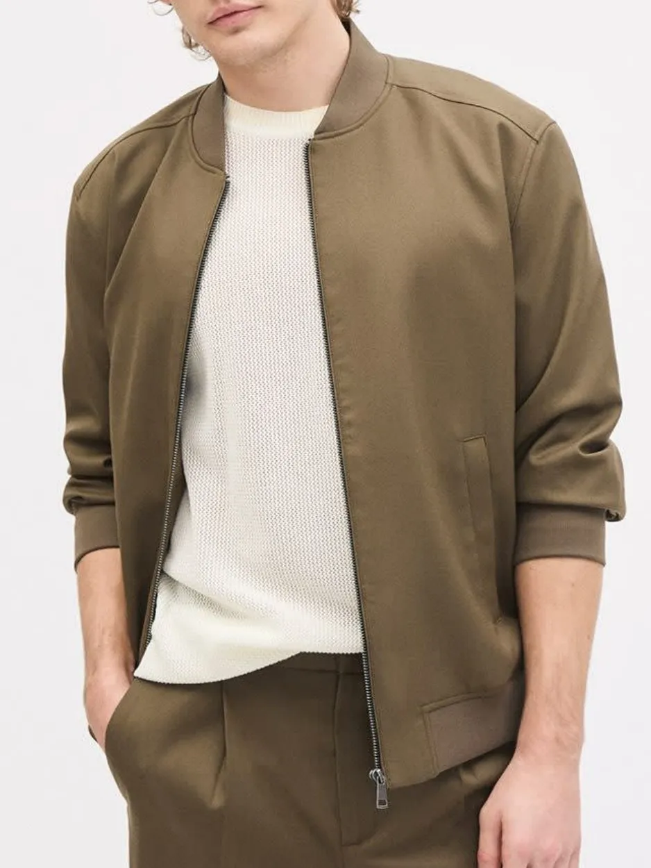 Olive Green Casual-Style Bomber Jacket