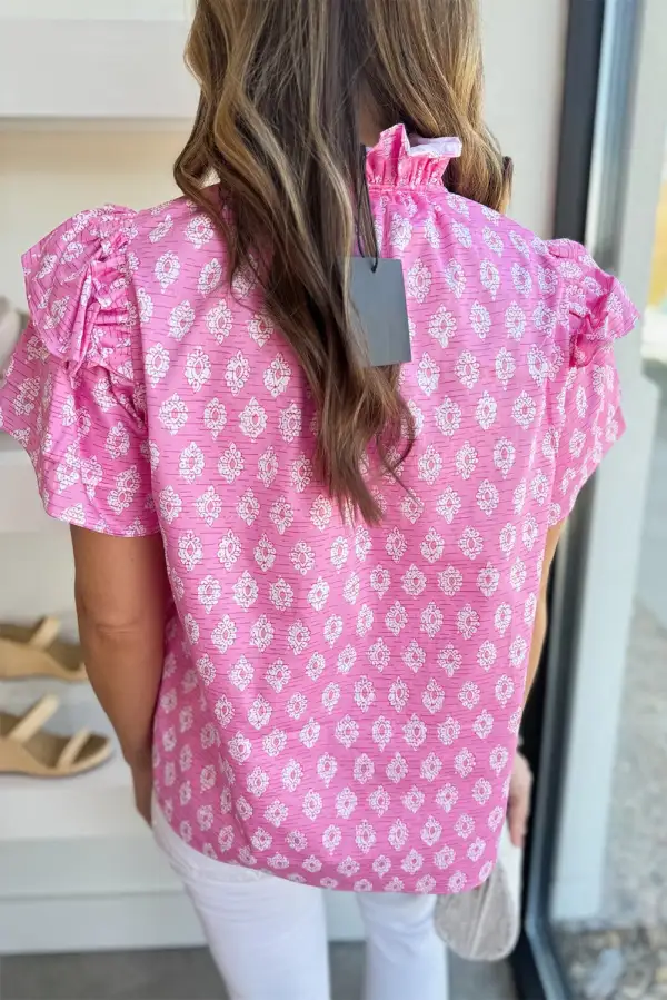Textured Floral Ruffle Sleeve Blouse