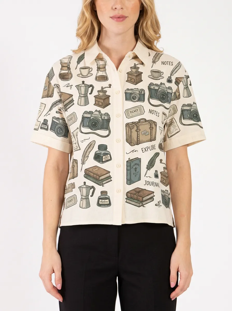 Women's Travel Hobbyist Camera Journal Printed Button-up Shirt