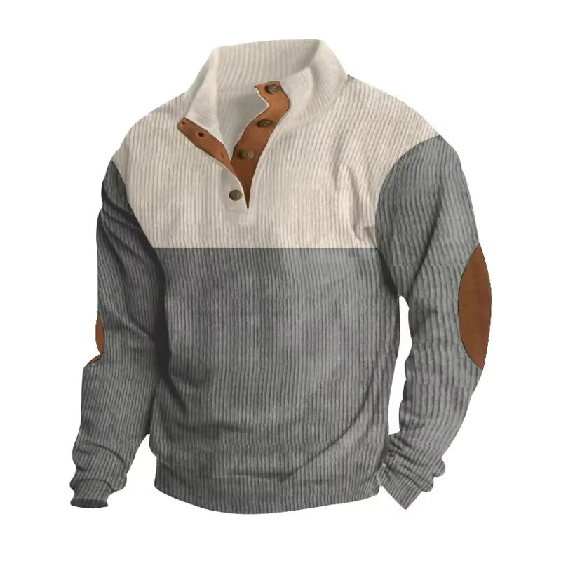 Men's Stand Collar Patchwork Corduroy Long-Sleeve Tee