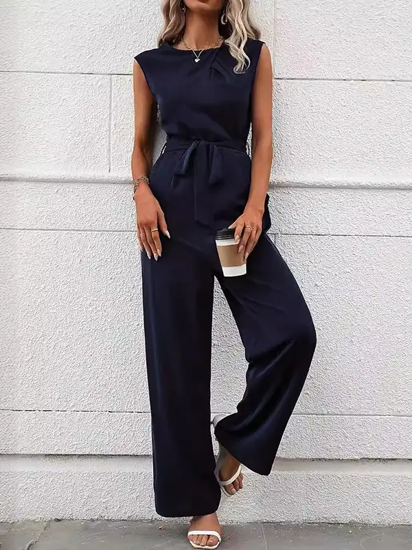Losse Mouwloze Effen Kleur Split Joint Gebonden Taille