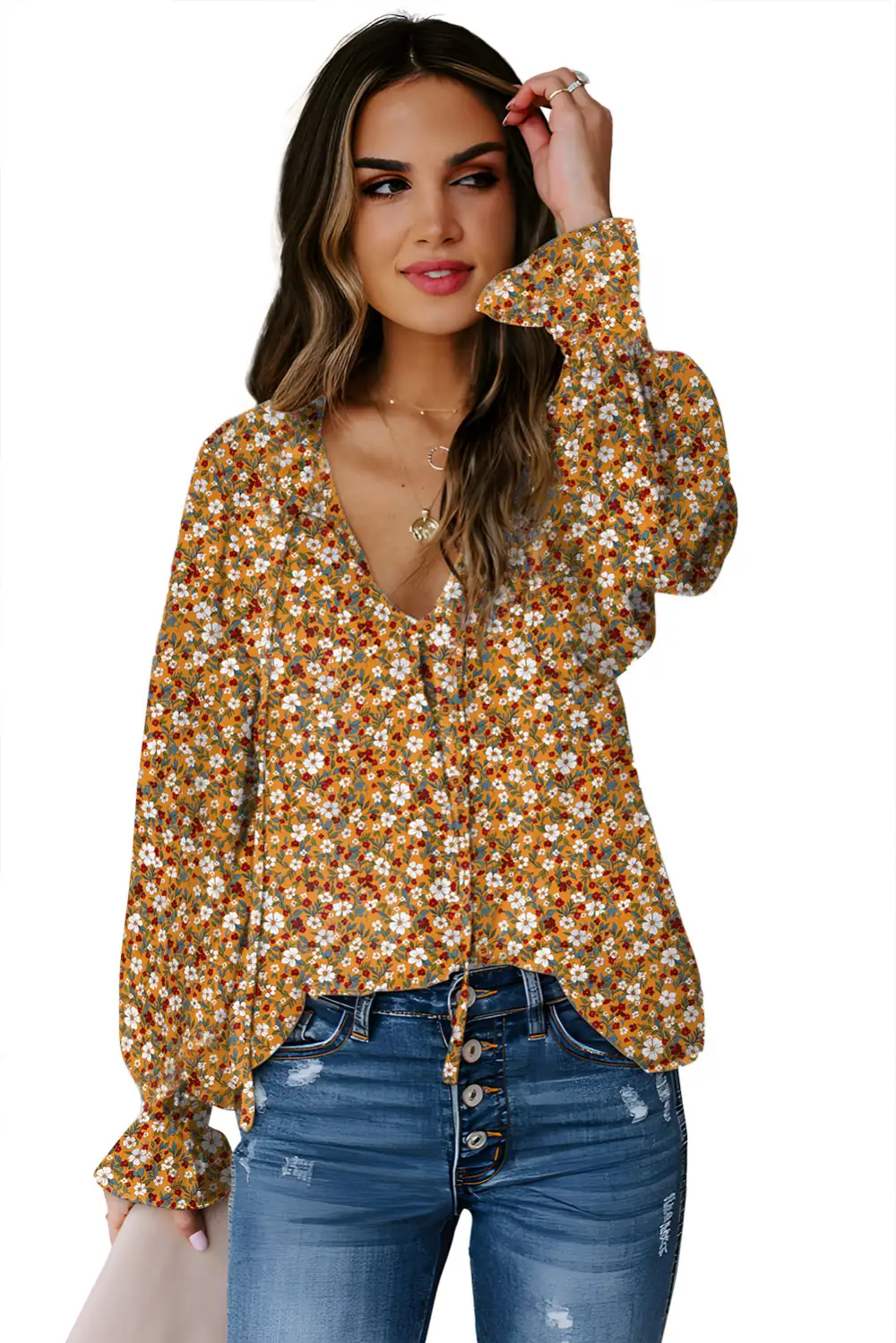 Floral Ruffle Trim Bubble Sleeve Blouse