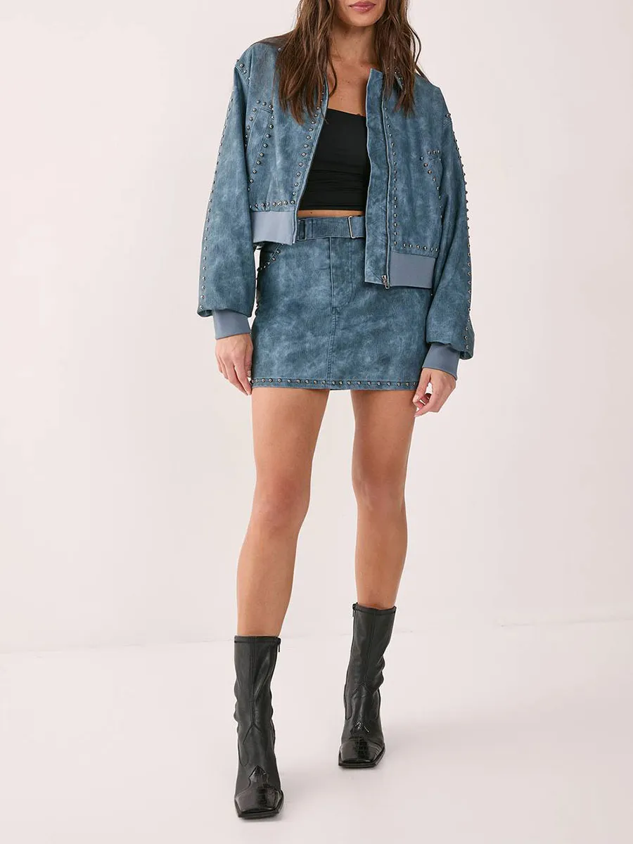 Lady'S Distressed-Style Rivet Leather Short Jacket