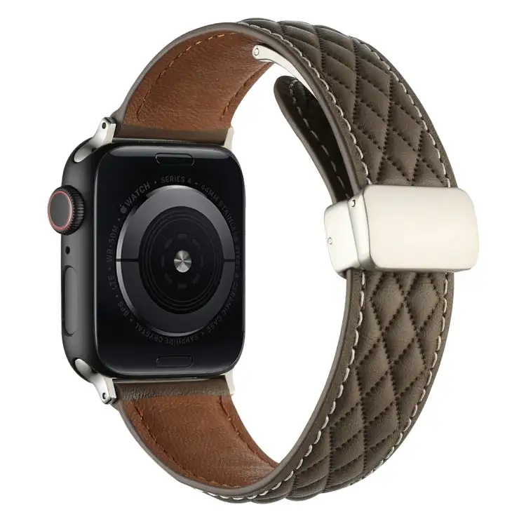 Rhombus Pattern Magnetic Folding Buckle Leather Watch Band for Watch Series 5 44 mm - Brown