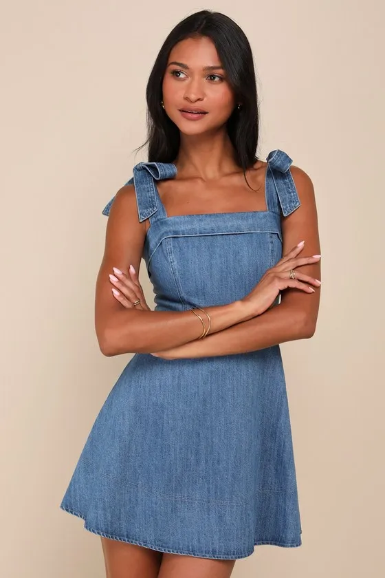 Precisely Sweet Medium Wash Tie-Strap Denim Mini Dress