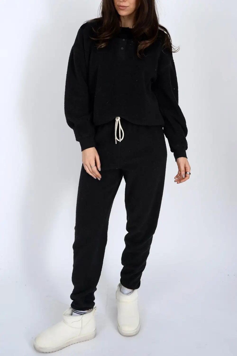 Button Front Henley Cropped Boxy Sweatshirt