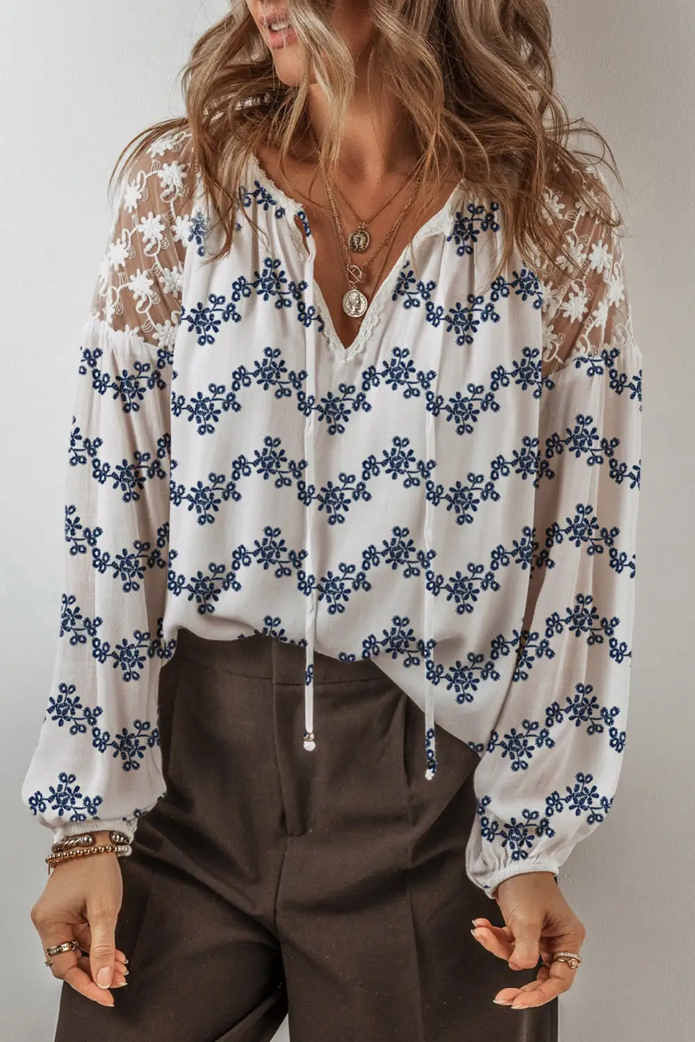 Floral Embroidered Lace Trim Blouse