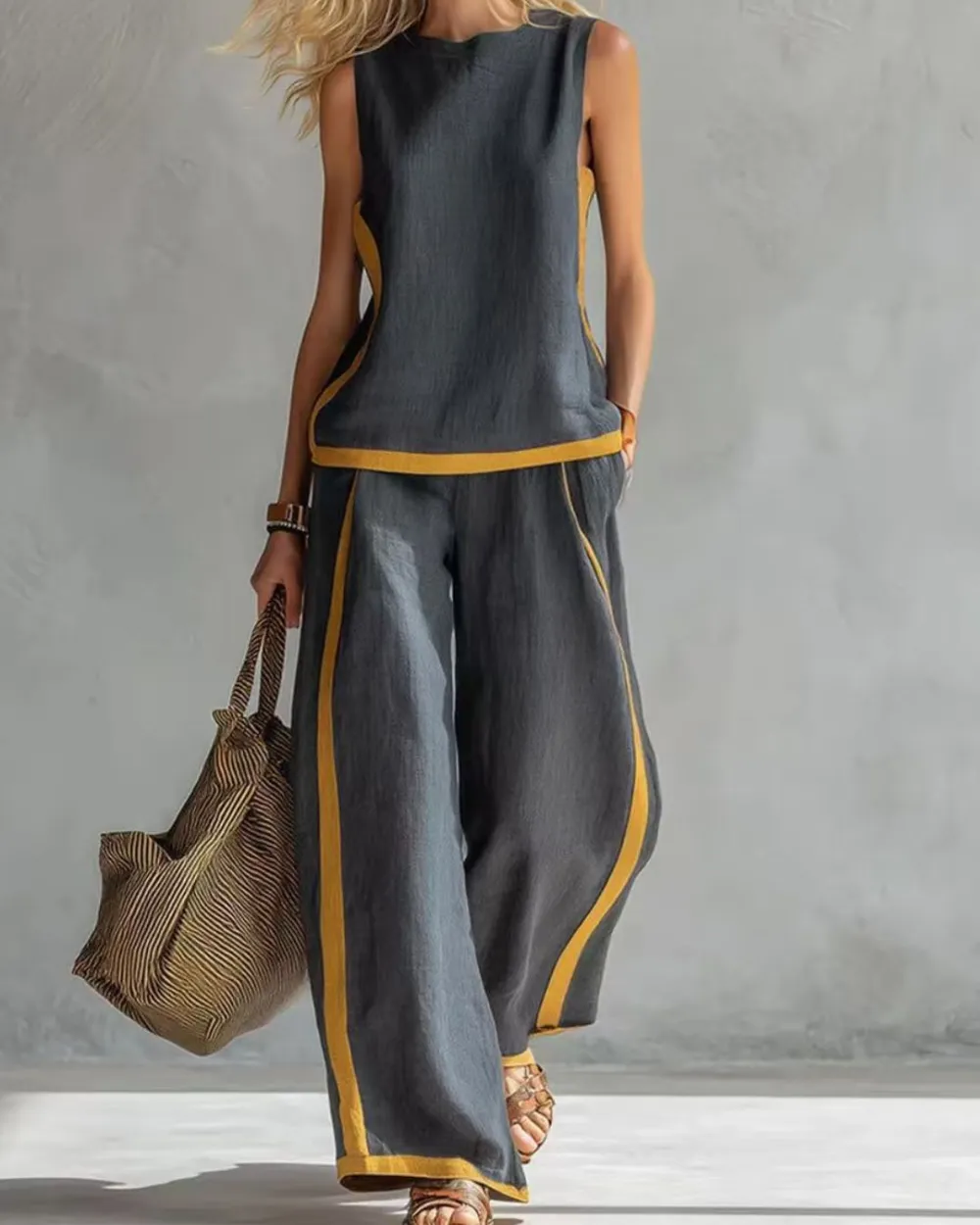 Sleeveless Contrast Trim Top Wide Leg Pants Set Breezy Summer Outfit