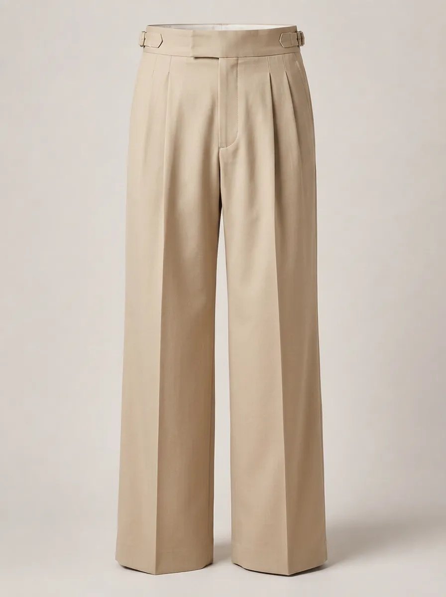 Men's Beige Pleated Side-Adjuster Formal Trousers