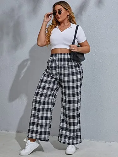 Women's Plus Size Casual Plaid Elastic High Waist Wide Leg Pants