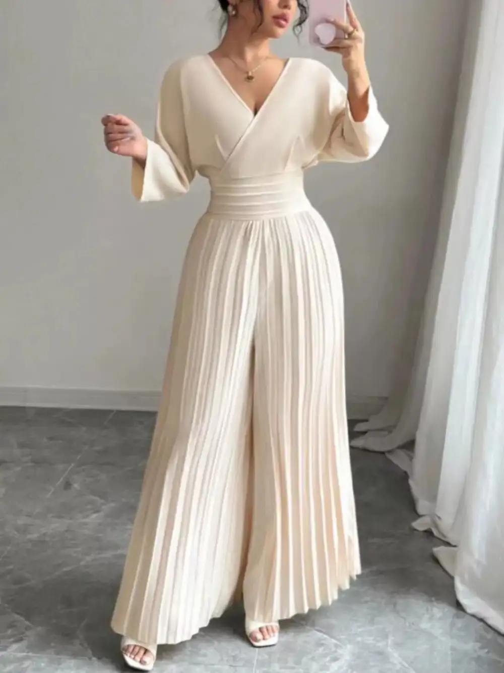 Surplice Pleated Wide Leg Jumpsuit