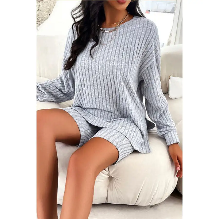 Ribbed Round Neck Dropped Shoulder Top and Shorts Set