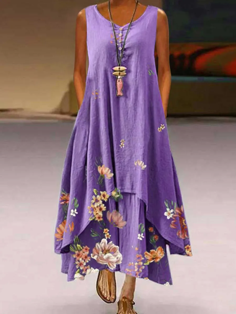 Irregular Sleeveless Printed Dress