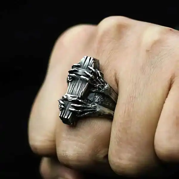 Men's Skeleton Hands Coffin Ring