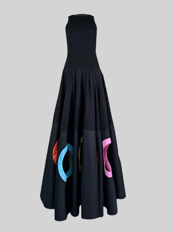 Hollow Pleated Sleeveless Neck Maxi Dress