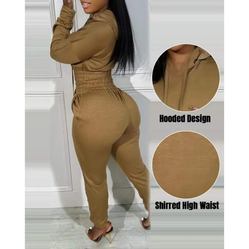 Women's Two-Piece Lounge Set with Hoodie and Shirred Waist Sweatpants Featuring Pocket Design