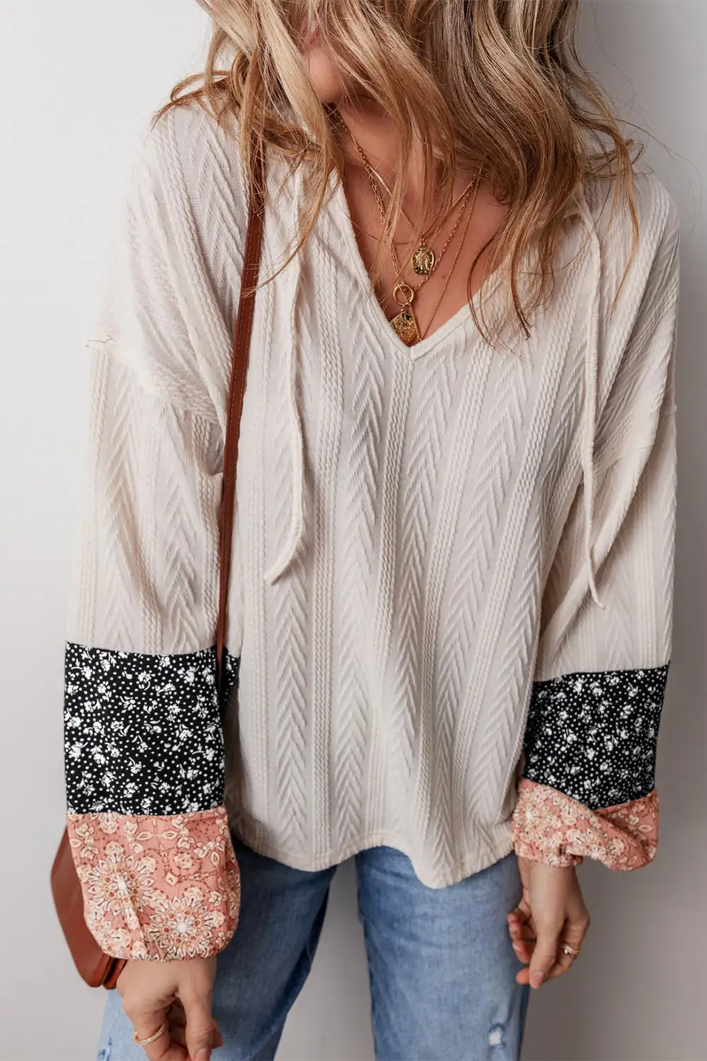 Refined Floral Patchwork Textured Knit Drawstring V Neck Blouse
