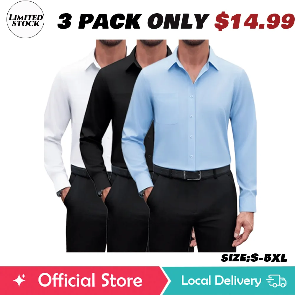 3/6-Pack Men'S Dress Shirts 4-Way Stretch Long Sleeve Collared Solid Wedding Dating Button Down Shirts Casual Breathable Outfits Menswear