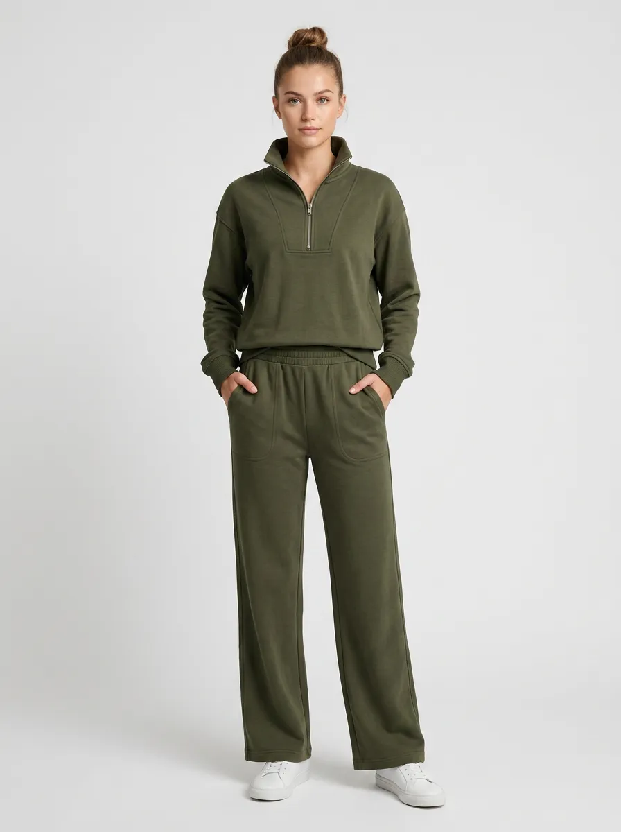 Women's Olive Green Quarter Zip Pullover and Wide Leg Pants Lounge Set
