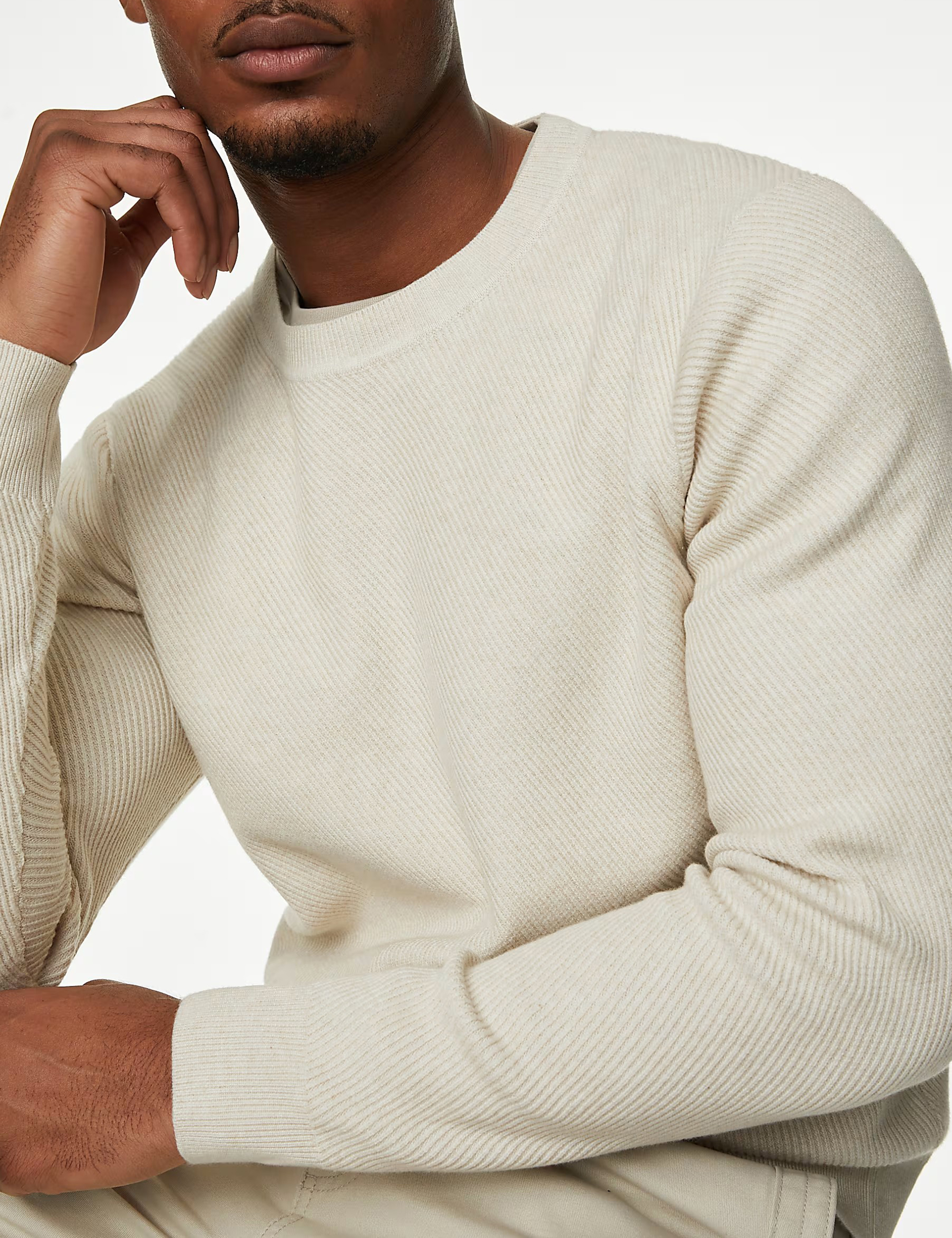 Men's Navy Textured Crew Neck Cotton Jumper