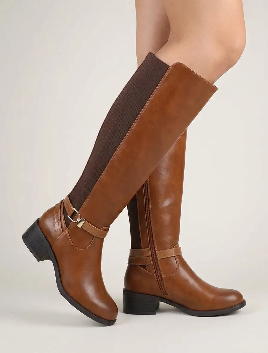 Everyday Riding Strap Detail Block Heel Faux Leather Knee High Boots